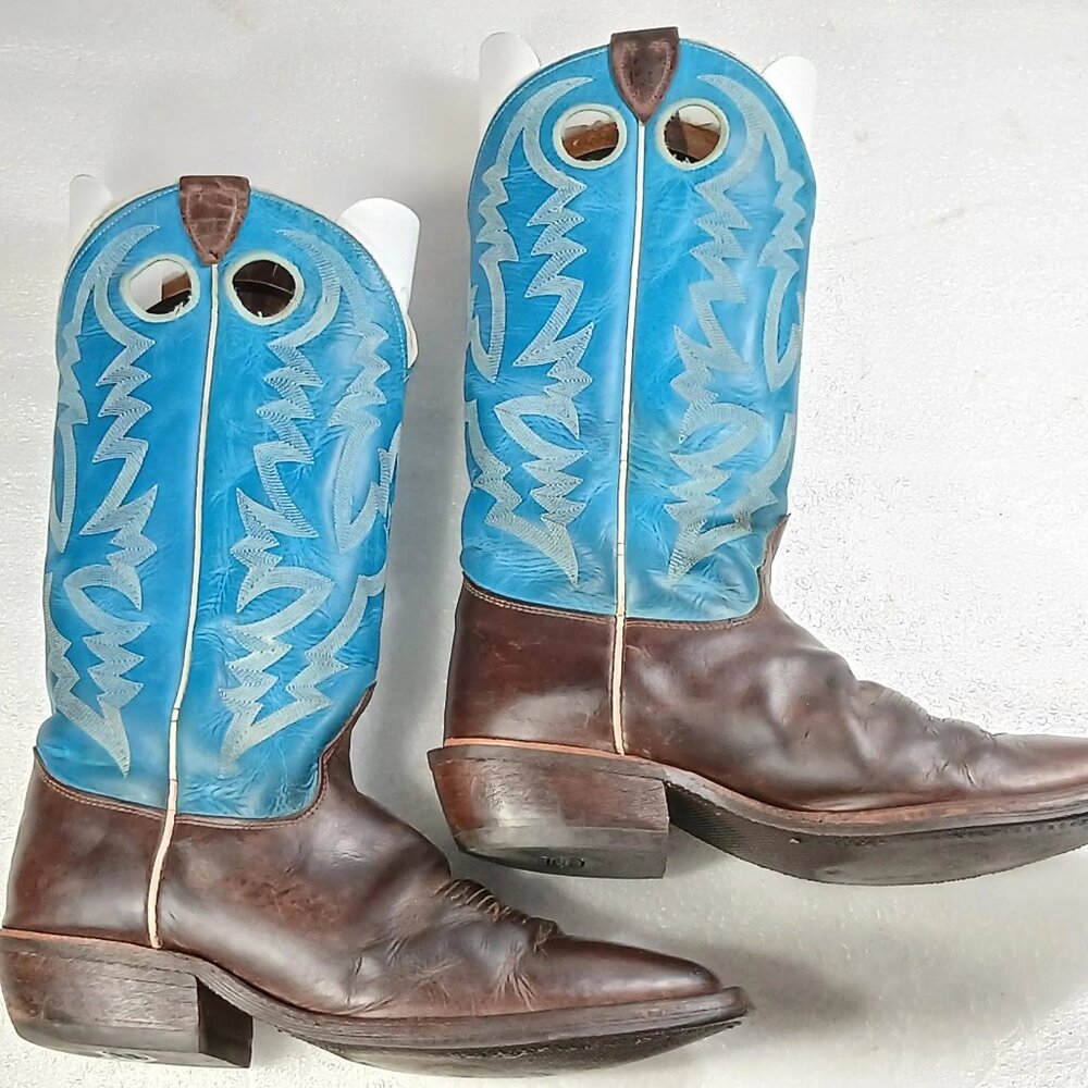 Justin Men’s Cowboy Boots 10D Brown Leather Blue Stitching USA BR977